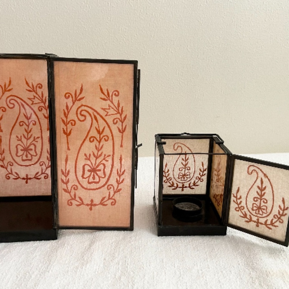 2 x Metal Glass Lantern Candle Holder Orange Embroidery boho dining decor fall